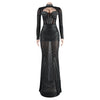 Women Mesh See Though Diamonds Rhinestones Cutout Front Long Sleeve Sexy Party Club Evening Prom Maxi Long Dress