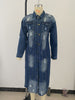 Ripped Raw Hem Button Front Longline Denim Coat Women Cardigan Breasted Holes Jackets Pockets High Street Outerwear Autumn