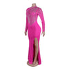 Women Long Sleeve Diamonds Rhinestones High Side Split Mermaid Midi Maxi Dress Even Sexy Party Dresses Vestidos