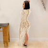 Women Long Sleeve V-neck Rhinestones Slit Back Crystal Bodycon Maxi Dress Sexy Club Party Pencil Evening Long Dress