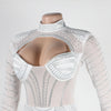 Women Mesh See Though Diamonds Rhinestones Cutout Front Long Sleeve Sexy Party Club Evening Prom Maxi Long Dress