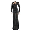 Women Mesh See Though Diamonds Rhinestones Cutout Front Long Sleeve Sexy Party Club Evening Prom Maxi Long Dress