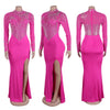 Women Long Sleeve Diamonds Rhinestones High Side Split Mermaid Midi Maxi Dress Even Sexy Party Dresses Vestidos