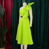 Women Big Bow Shoulder Skew Collar Big Swing Knee Length Dress Belt Street Vestidos Sexy Party Evening Chic Dresse