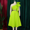 Women Big Bow Shoulder Skew Collar Big Swing Knee Length Dress Belt Street Vestidos Sexy Party Evening Chic Dresse