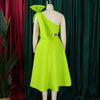 Women Big Bow Shoulder Skew Collar Big Swing Knee Length Dress Belt Street Vestidos Sexy Party Evening Chic Dresse