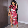 Street Camouflage Women High Side Slit Safari Maxi Long Skirt Suit + Shirt Dress Set Outfit Two 2 Piece Set