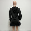 Women Hooded Long Sleeve Fur Hem Sweathirt Style Midi Dress Winter Streetwar Mini Black Dresses Vestidos