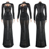 Women Mesh See Though Diamonds Rhinestones Cutout Front Long Sleeve Sexy Party Club Evening Prom Maxi Long Dress