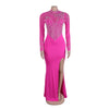 Women Long Sleeve Diamonds Rhinestones High Side Split Mermaid Midi Maxi Dress Even Sexy Party Dresses Vestidos