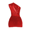 Women One Shoulder Skew Collar Bodysuit + Fur Tassel Bodycon Midi Skirt Dress Set Outfit Two 2Piece Set