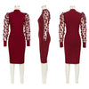 Elegant Women Floral Applique Mesh Long Sleeve Knit Ribbed Sweater Dress Autumn Winter Bodycon Dresses Vestidos