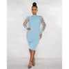 Elegant Women Floral Applique Mesh Long Sleeve Knit Ribbed Sweater Dress Autumn Winter Bodycon Dresses Vestidos