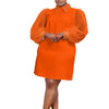 Women Loose Dresses Turn Down Collar with Beading Elegant Office Ladies Occasion Female Casual Long Tulle Sleeves Gowns
