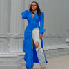 Vintage Women Long Sleeve High Side Split Ruched Up Wrap Lapel Collar White Maxi Long Dress Street Dresses