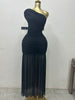 Women One Shoulder Skew Neck High Split Pleated Hem Bodycon Long Maxi Dress Evening Sexy Club Party Dresses Vestido