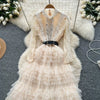 Elegant Embroidered Sequins Long Dresses Autumn Women Layer Ruffles Cake Full Sleeve Evening Party Vestidos Mesh Tulle Long Robe