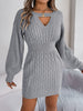 Autumn Winter Solid Color Woolen Dress O-Neck Lantern Long Sleeve Hollow Out Knitted Mini Dresses Woman Clothing