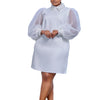 Women Loose Dresses Turn Down Collar with Beading Elegant Office Ladies Occasion Female Casual Long Tulle Sleeves Gowns