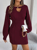 Autumn Winter Solid Color Woolen Dress O-Neck Lantern Long Sleeve Hollow Out Knitted Mini Dresses Woman Clothing