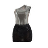 Women One Shoulder Skew Collar Bodysuit + Fur Tassel Bodycon Midi Skirt Dress Set Outfit Two 2Piece Set