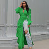Vintage Women Long Sleeve High Side Split Ruched Up Wrap Lapel Collar White Maxi Long Dress Street Dresses