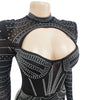 Women Mesh See Though Diamonds Rhinestones Cutout Front Long Sleeve Sexy Party Club Evening Prom Maxi Long Dress