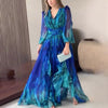 Women Dresses Long Sleeve Sexy V Neck Dress Hollow Print Dress High Waist Vestidos Ruffle Ankle Length Sight Strech Autumn