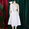 Women Big Bow Shoulder Skew Collar Big Swing Knee Length Dress Belt Street Vestidos Sexy Party Evening Chic Dresse