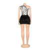 Women One Shoulder Skew Collar Bodysuit + Fur Tassel Bodycon Midi Skirt Dress Set Outfit Two 2Piece Set