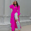 Vintage Women Long Sleeve High Side Split Ruched Up Wrap Lapel Collar White Maxi Long Dress Street Dresses