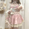 Pink Japanese Style Two -piece Set Elegant Women Sweet High Waist Bandage Mini Skirt Matching Suit  Kawaii Lolita Camis Tops