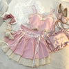 Pink Japanese Style Two -piece Set Elegant Women Sweet High Waist Bandage Mini Skirt Matching Suit  Kawaii Lolita Camis Tops