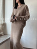 Premium Autumn/Winter 100% cashmere set solid color POLO collar fleece sweater + mid-length skirt two-piece set