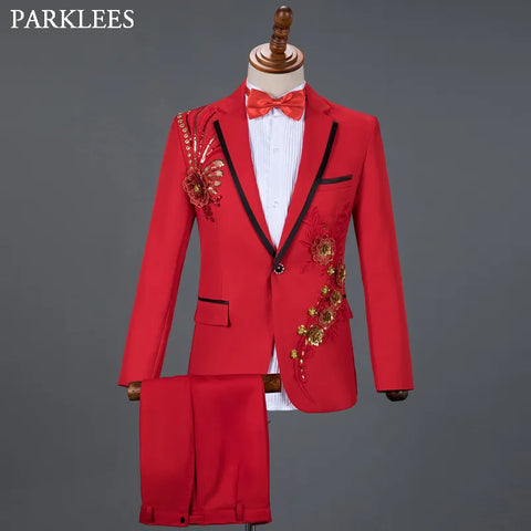 Red Diamond Floral Men Suits for Wedding Mens Suits 3 Piece Blazer+Pant+Bow Tie  Tuxedo Men Suit Set Stage Costume Homme