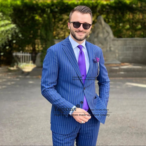 Royal Blue Stripe Mens Suit Peak Lapel Slim Fit Wedding Groom Tuxedo 3 Piece Set Business Blazer Costume Homme Jacket Vest Pants