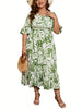 S-4XL Women's Plus Size Printed V-neck Flared Sleeve Dress Summer Elastic Waist Beach Dress Vacation Dress