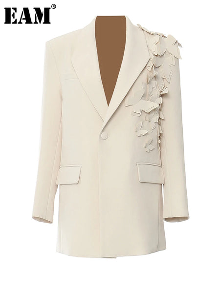 Women Apricot Butterfly Big Size Elegant Blazer Lapel Long Sleeve Jacket Tide Spring Autumn 1DH5934