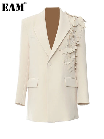 Women Apricot Butterfly Big Size Elegant Blazer Lapel Long Sleeve Jacket Tide Spring Autumn 1DH5934