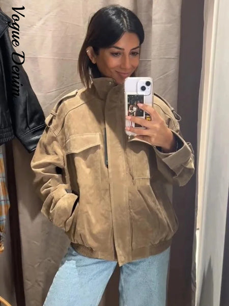 Casual Solid Suede Jackets Women Street Stand Collar Full Sleeve Zippers Loose Coats Female Spring Lady Jacket