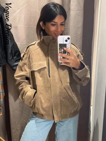 Casual Solid Suede Jackets Women Street Stand Collar Full Sleeve Zippers Loose Coats Female Spring Lady Jacket