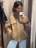 Casual Solid Suede Jackets Women Street Stand Collar Full Sleeve Zippers Loose Coats Female Spring Lady Jacket