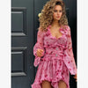 Women Elegant Floral A-line Pleated Dress Sexy Long-sleeved Waist Cinching Ruffle Mini Dresses Lady Vacation Street Gowns