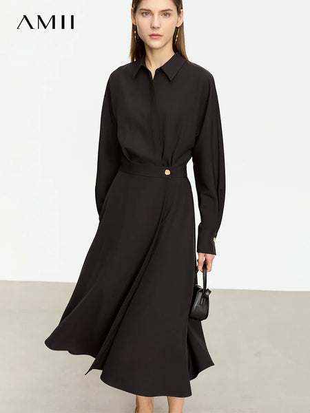 Minimalist French Long-sleeve Shirt Dress for Women Autumn A-line Office Lady Solid Midi Dresses Vestidos 12343290