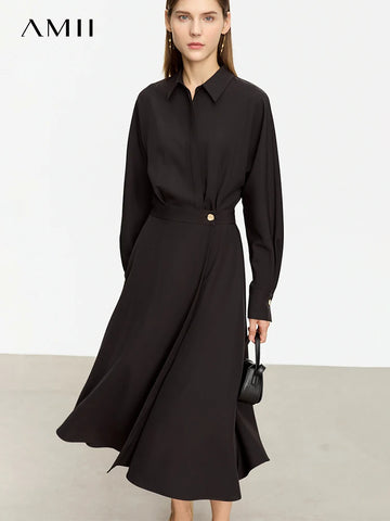 Minimalist French Long-sleeve Shirt Dress for Women Autumn A-line Office Lady Solid Midi Dresses Vestidos 12343290