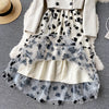 French Style Elegant Two Piece Sets Women Double Breasted Blazer Jacket + Mesh A-line Long Dress Korean Outfits
