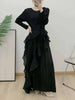Ruffle Edge Maxi Pleated Dress For Women Round Neck Long Sleeves Solid Color Stitching Belt Dresses 2DA9911