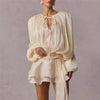 Elegant Womens Ruffle Mini Dress Long Lantern Sleeve Tie-up Front Solid Color Pleated Dress Short Flowy Dress Party Club