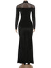 Full Sleeve Turtleneck Mesh Patchwork Long Dress Woman Elegant Velvet Slim High Waist Evening Prom Party Elegant Bodycon