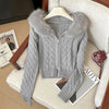 Twist Texture Fur Collar Hooded Knit Cardigan Women Winter Relaxed Slim Casual Joker Sweater Female Coat Tops